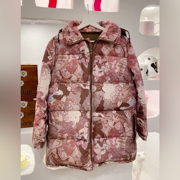 Fashion Gems Jackets & Blazers - Vintage Art Deco Parisian Themed Illustrations Down Puffer Coat with Hood
